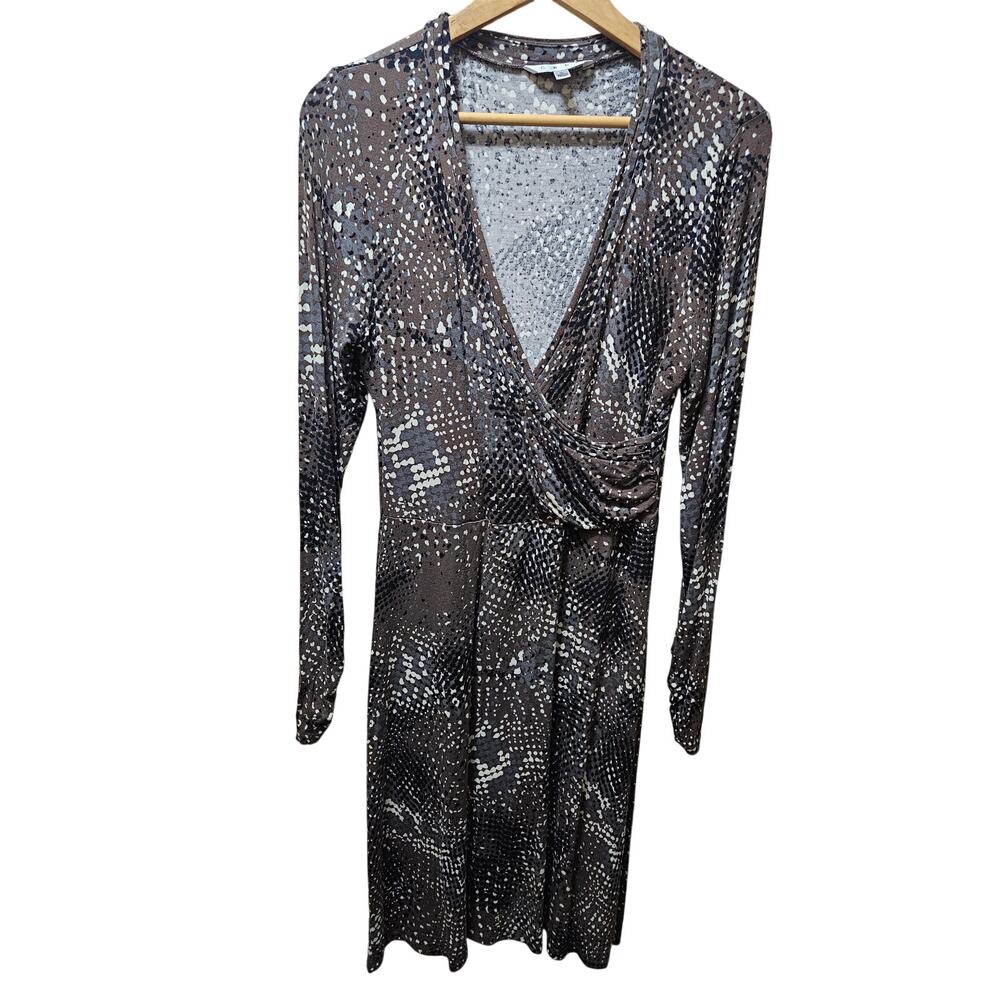 CAbi Dappled Dots Faux Wrap Dress Large Taupe Stretch Jersey #658 LARGE